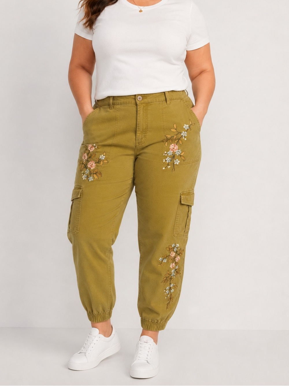 Sundance Olive Floral Embroidered Jogger Cargo Pants Boho Casual Western Size 16